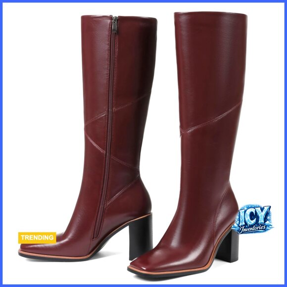 Knee High Boots with 3.1 Inch Chunky Heel Square Toe Polyurethane